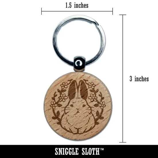 Floral Bunny Rabbit Emblem Easter Engraved Wood Round Keychain Tag Charm {2}