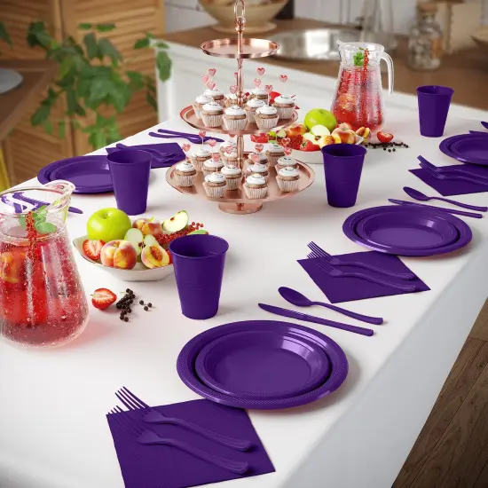 Exquisite 350 Pcs Plastic Plates for Party &ndash; Disposable Plates Set &ndash; 50 Each of 9" Dinner Plates, 7" Dessert Plates, Plastic Cups, Napkins & Plastic Cutlery &ndash; Plastic Dinnerware by Party Solids Purple {4}