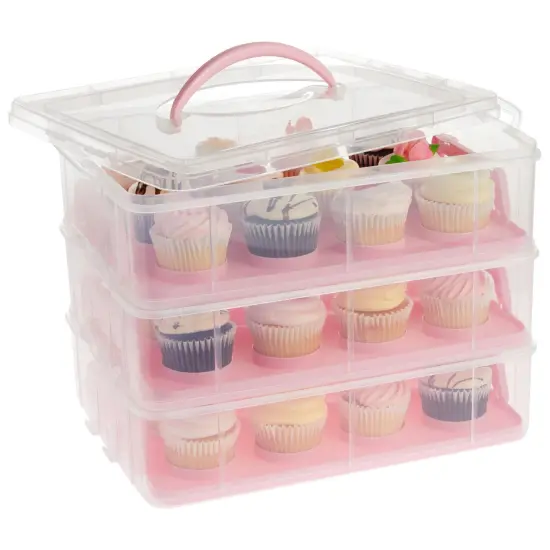 3 Tier Cupcake Carrier with Lid and Handle, Holds 36 Cupcakes (Pink, 13.5 x 10.25 x 10.75 In) {1}