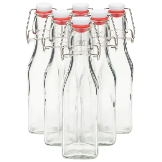 6 Pack 8 oz Swing Top Glass Bottles with Stoppers, Cleaning Brush - Hot Sauce Bottles for Vanilla Extract, Infused Oil, Syrup, Homemade Kombucha Clear {6}