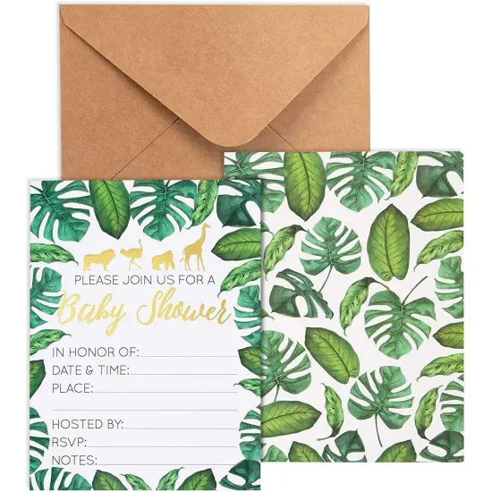 Baby Shower Invites - 36 Fill-in Baby Shower Invitations w/ Envelopes, Tropical Safari Animal Theme, Green Palm Leaves with Gold Foil Designs, Party Supplies for Baby Showers or Parties, 5 x 7 Inches {1}