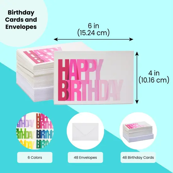 48 Pack Happy Birthday Cards with Envelopes, 4x6 inch Bulk Birthday Card Set for Kids, Students and Teachers (6 Colorful Assortment) Multicolor {6}