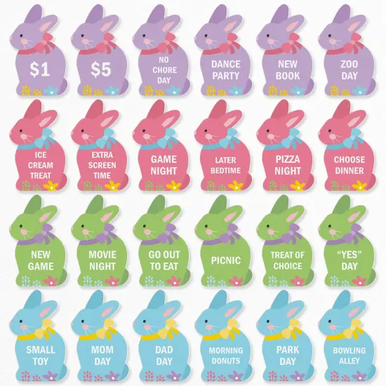 Big Dot of Happiness Colorful Easter Egg Hunt Token Stuffers, 24 Count Bunny Shape Filler Tokens with Fun Rewards for Kids, Reusable Easter Activity, Egg Hunt Supplies {1}