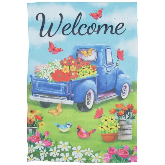 Northlight Welcome Pickup Truck with Flowers Outdoor House Flag 28" x 40" Blue {3}
