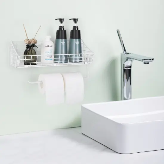 2PCS White Multi-Functional Wall-Mounted Metal Basket Organizer with Foldable Paper Towel Holder &ndash; Space-Saving Storage Shelf for Kitchen, Bathroom, Bedroom & Hallway {6}