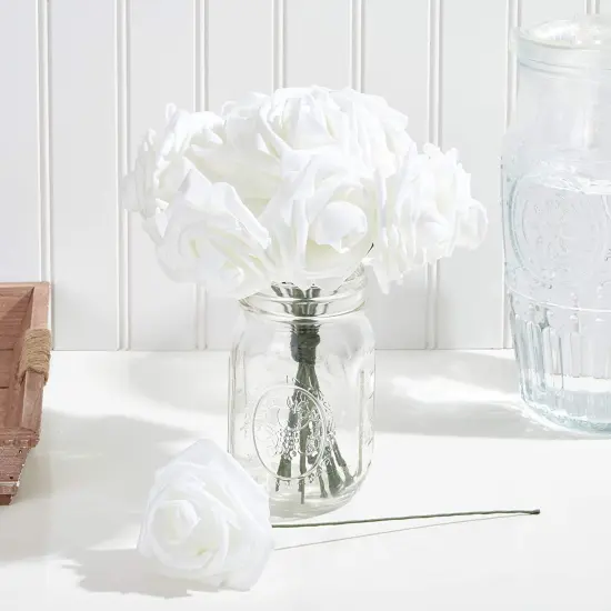 Bright Creations 3" Artificial Rose Flowers 60pcs Real Looking Fake Rose with Stem for DIY Wedding Bouquets and Bridal Shower, White {3}