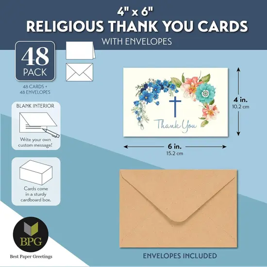 48 Pack Christian Thank You Cards With Envelopes, Bulk Baptism, Religious Greeting Notes for Christening, Wedding, Communion, Floral Cross Design (4 x 6 In) Multicolor {2}
