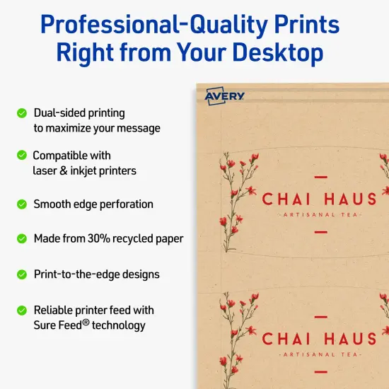 Avery Printable Arched Rectangle Business Cards, Sure Feed Technology, 2" x 3-1/2", Matte Kraft Brown Cardstock, Print-to-The-Edge, Laser/Inkjet Printable, 80 Total {2}