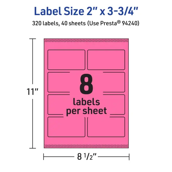 Avery Bright Pink Paper Labels, 2" x 3.75" Rectangle {5}