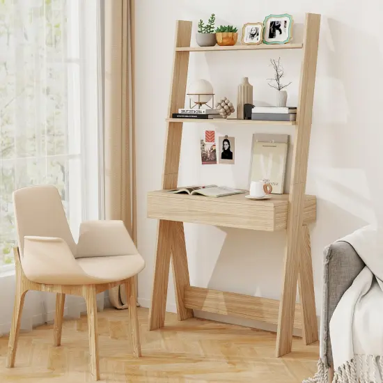 Costway Home Office Ladder Desk Wall-Leaning Laptop Workstation with Storage Shelves Natural/White/Walnut {2}