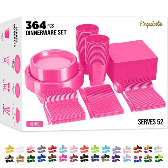 Exquisite 350 Pcs Plastic Plates for Party &ndash; Disposable Plates Set &ndash; 50 Each of 9" Dinner Plates, 7" Dessert Plates, Plastic Cups, Napkins & Plastic Cutlery &ndash; Plastic Dinnerware by Party Solids Hot Pink {1}