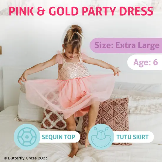Butterfly Craze Birthday Sequin Dress with Glitter and Sparkle for Little Girls, Fluttering Into the Princess Ballerina Party, Perfect for Dress-up Parties, & Other Occasions, Pink/Gold, 6 years {2}
