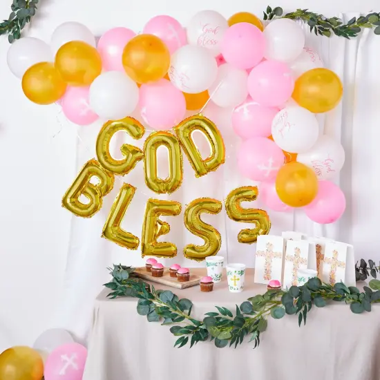 God Bless Banner Balloons for Girls Baptism Decorations, First Communion (12-16 In, 58 Piece Set) Pink {2}