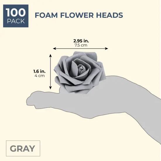 100 Pack Gray Artificial Flowers, Bulk Stemless Fake Foam Roses for Decorations, DIY Crafts, Bouquets (3 In) Grey {6}