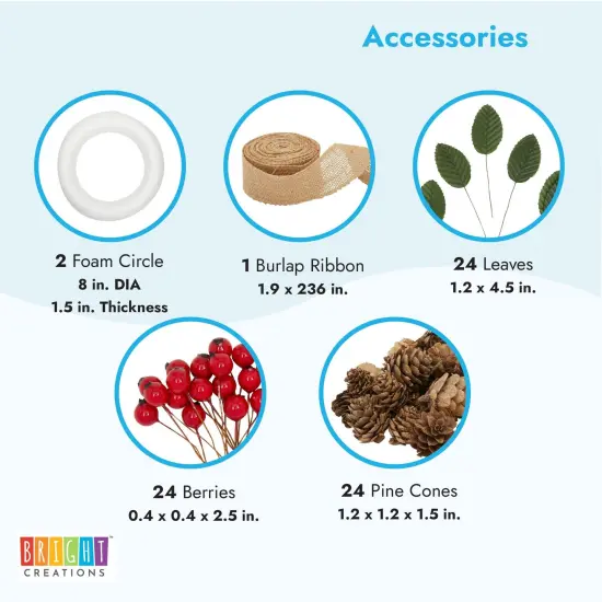 8 inch Wreath DIY Kit with 2 Craft Foam Rings, Burlap Ribbon, Berries, Pinecones (75 Pieces Set) Brown {4}