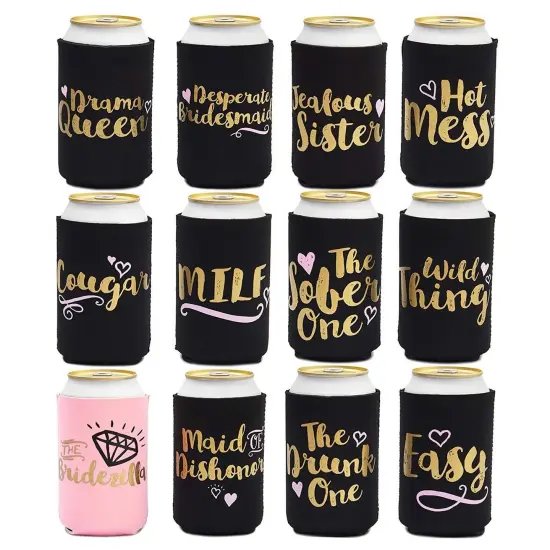 12-Pack Can Cooler Sleeves, 12 Assorted Designs Insulated Neoprene Holder Party Supplies - Bachelorette Party Multicolor {1}
