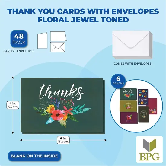 48 Pack Floral Thank You Cards with Envelopes, Blank Thank You Greeting Notes Bulk Box for Baby Shower, Bridal Shower, Graduation, Birthday & Wedding, 4x6 in Multicolor {2}