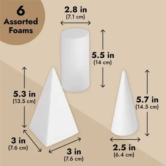 6-Pack Assorted Foam Geometric Shapes, Sizes Ranging From 2.5 to 5.9 in for Arts and Crafts Projects, DIY, Modeling, Home Decor, School Projects, Solid Polystyrene White {4}