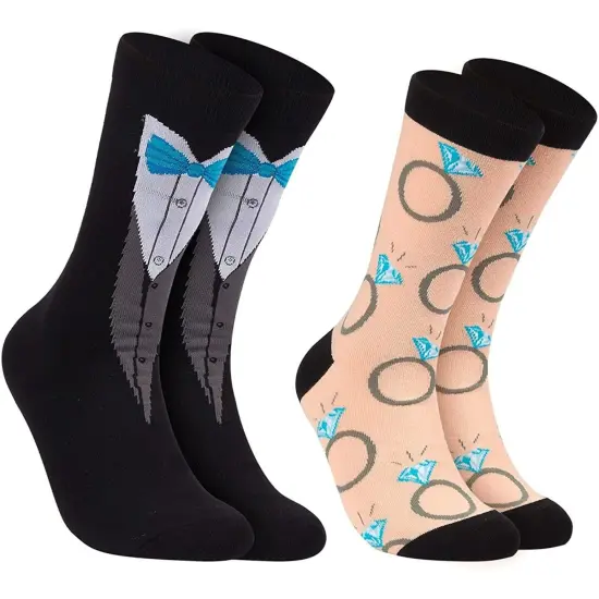 2 Pairs Bride and Groom Wedding Socks - Novelty Tuxedo and Diamond Ring Designs, One Size Multicolor {1}