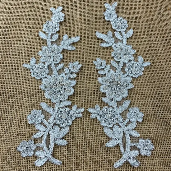 1 Pair Beaded & Corded Floral Lace Applique 10" x 2" Each Side Fuchsia {4}