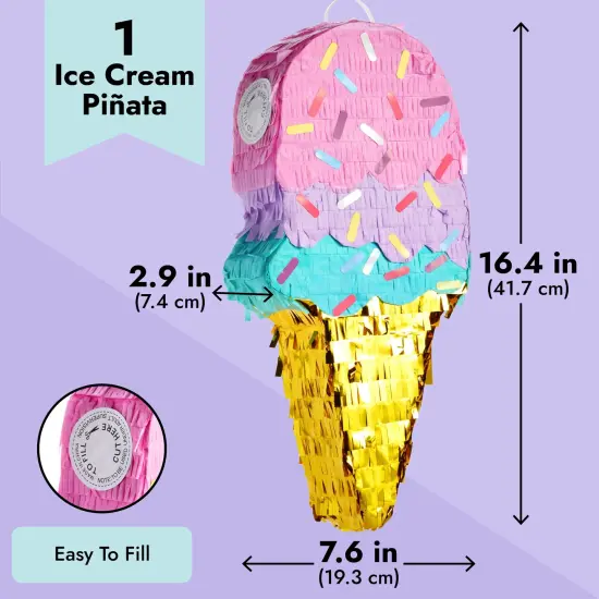 Ice Cream Pinata for Birthday Decorations, Summer Party Supplies (Small, 16.4 x 7.6 x 2.9 In), For Ages 3+ Multicolor {3}
