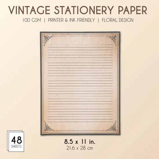 Paper Junkie 48 Sheets Vintage Style Lined Letter Writing Paper with Antique Border Design, 8.5 x 11 Inch Aged Stationery for Letters, Invitations (Vintage) Brown {2}