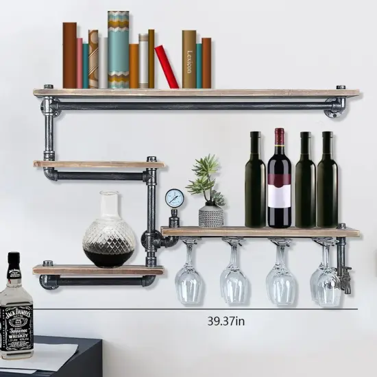 Industrial Wine Racks with 4 Stem Glass Holder Wall Mounted Rustic Metal Shelf {4}