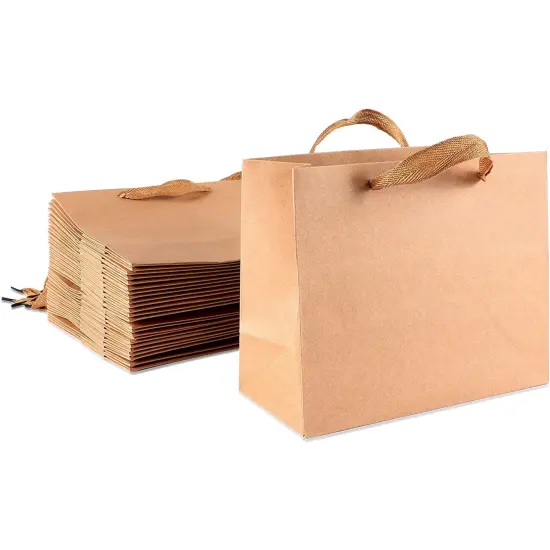 25 Pack Brown Kraft Paper Gift Bags with Soft Cloth Handles, Birthday Party Favor Shopping Bag, 8.6x7x3.9 in. {1}