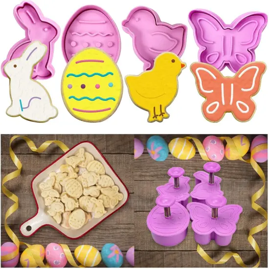 Mini 3D Easter Cookie Cutters Set, Easter Fondant Biscuit Pastry Cookie Cutter Stamp, Spring Spring-Loaded Handle Cutter Shape with Eggs, Chick, Butterfly (4 PCS) {1}