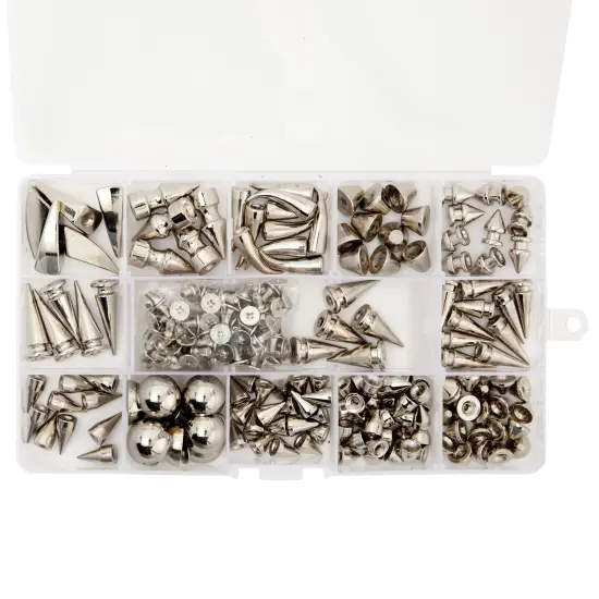 150-Piece Silver Spikes and Studs Set, 13 Assorted Shapes with Screws, Phillips Screwdriver, Hole Punch Tool, and Plastic Storage Case for Crafts and Clothing Decorations {5}