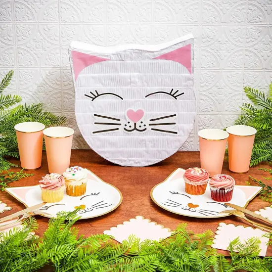 Cat Pinata for Kitty Birthday Party Supplies, Kitten Themed Decorations (14x12.8x3 in, Small), For Ages 3+ White {3}