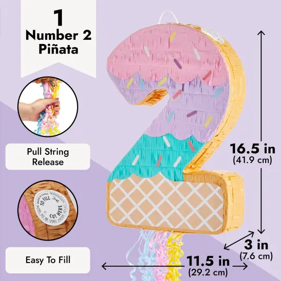 Pull String Number 2 Ice Cream Pinata for Two Sweet Birthday Decorations (16.5 x 11.5 x 3 In), For Ages 3+ Pink {3}