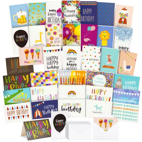 144 Pack Happy Birthday Cards Bulk with Envelopes in 36 Designs, Blank Inside for Men, Women, Kids and Work (4x6 In) Multicolor {1}