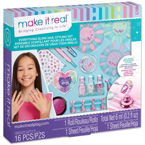 Make It Real: Everything Bling Nail Styling Set - 16pc, DIY Nail Art Customization, Polish-Stickers-Gems-Faux Nails, Detailing Stand, Girls & Kids 8+ {1}