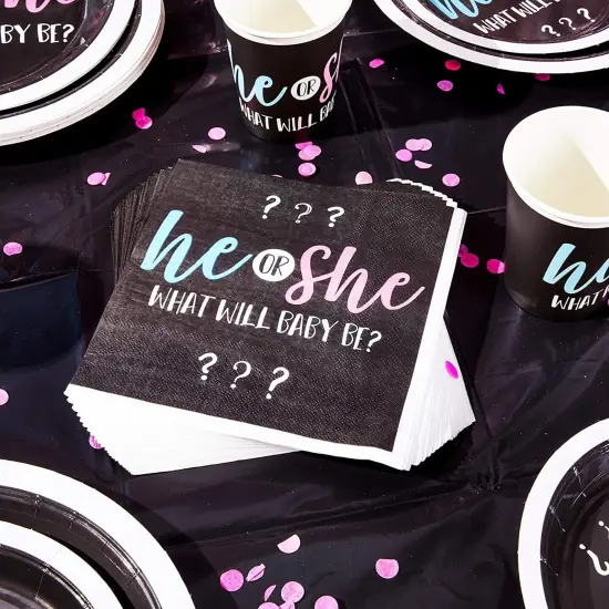 Gender Reveal Paper Napkins, He or She Party Supplies (6.5 x 6.5 In, 100 Pack) Multicolor {3}