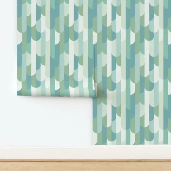 Peel & Stick Wallpaper 2FT Wide Art Deco Nautical Stripe Scales Retro Vintage Vertical Stripes Fish Tiles Spring Green Monochrome Blue Beach House Vacation Home Coastal Ocean Custom Removable Wallpaper by Spoonflower {2}