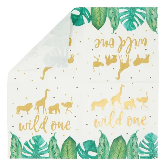 50 Pack Wild One Napkins for Jungle Safari First Birthday Party Supplies, Animal Print Napkins for Boys or Girls Party, Green Leaves with Gold Foil Accents (5 x 5 In) {6}