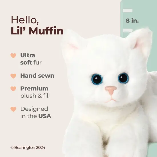 Bearington Lil' Muffin Small Plush Stuffed Animal White Cat, Kitten 8 inch, For Ages 3-14 {2}