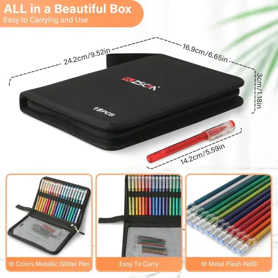36 Pack Metallic Glitter Gel Pens Set, 18 Colors Sparkle Gel Pens with 18 Glitter Pen Refills in Canvas Bag for Adult Coloring Book Drawing Crafts Scrapbooks Journaling {4}