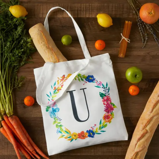 Set of 2 Reusable Monogram Letter U Personalized Canvas Tote Bags for Women, Floral Design (29 Inches) White {2}