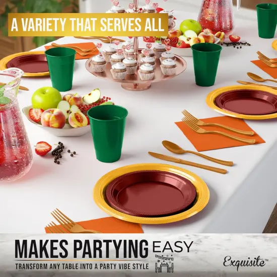 Exquisite 350 Pcs Plastic Plates for Party &ndash; Disposable Plates Set &ndash; 50 Each of 9" Dinner Plates, 7" Dessert Plates, Plastic Cups, Napkins & Plastic Cutlery &ndash; Plastic Dinnerware by Party Solids Thanksgiving {5}