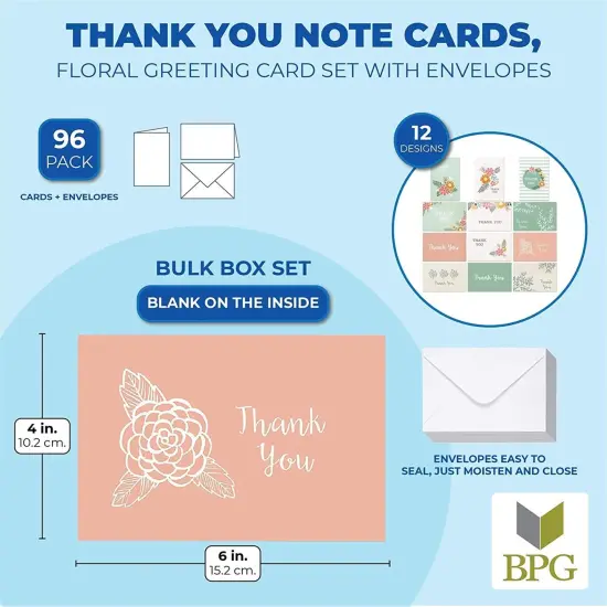96-Count Thank You Cards with Envelopes, Bulk Box Set Blank Thank You Greeting Notes for Baby and Bridal Shower Graduation Birthday Wedding Party, 12 All Occasion Assorted Floral Designs, 4 x 6 inches Multicolor {2}