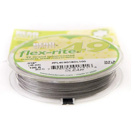 The Beadsmith Flex-Rite Beading Wire - Stainless Steel Micro Flexible Wire, 49 Strand, Clear Color, .018" Diameter, 100-Foot Spool, Nylon Coated {1}