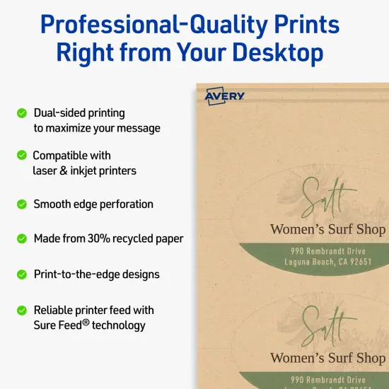 Avery Printable Oval Business Cards, Sure Feed Technology, 2" x 3-1/2", Matte Kraft Brown Cardstock, Print-to-The-Edge, Laser/Inkjet Printable, 80 Total {2}