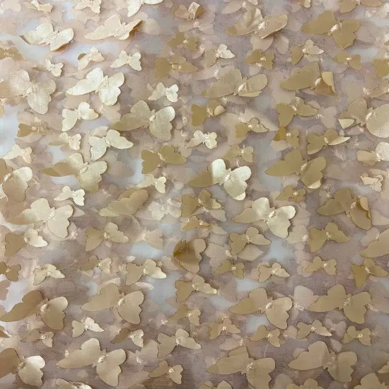 1 Yard 3D Butterfly Embroidered Satin Lace Polyester Fabric Elegant Material 60 Inch Width Champagne Gold {1}