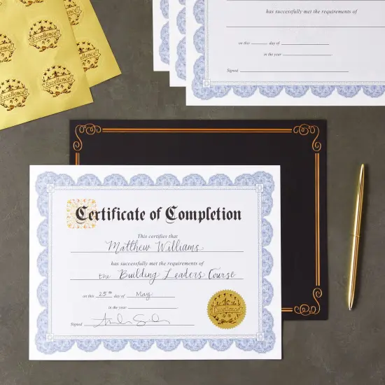48 Sheets Blue Floral Certificate of Completion Paper for Printing with Gold Foil Sticker Seals - Customizable with Border for Graduation, Diploma, Awards, Recognition Documents (8.5 x 11 in) {3}