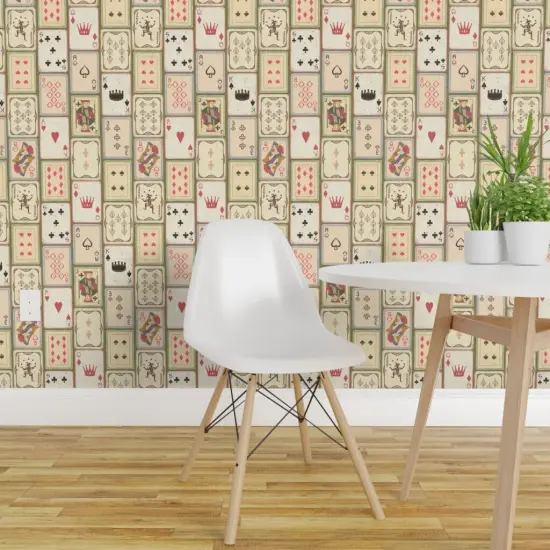 Pre-Pasted Wallpaper 2FT Wide Vintage Art Deco Games Cards Deck Of Poker Playing Blackjack Game Room Queen Hearts Solitaire Antique Novelty Diamonds Clubs Spades King Jack Custom Pre-pasted Wallpaper by Spoonflower {1}