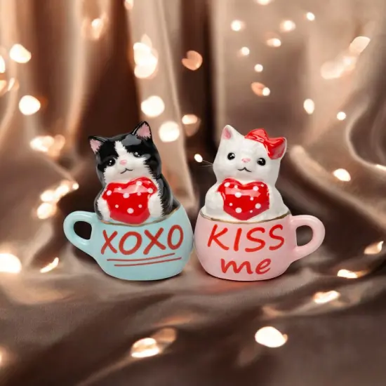 Ceramic Valentine Teacup Cat Salt and Pepper Shakers, Cat Lovers' Gift, Gift for Her, Valentine's Day Decor {4}