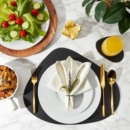 Set of 4 Wedge Placemats with Matching Coasters for Kitchen, Dining Table (Black, Faux Leather, 8 Pieces) {2}