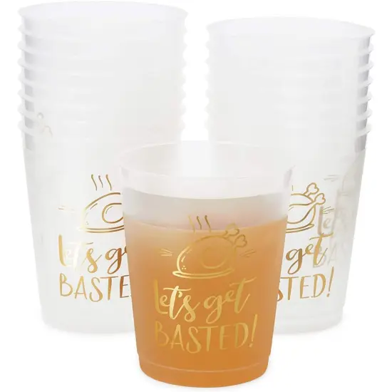 Sparkle and Bash 16 Pack Thanksgiving Plastic Cups, 16 oz Disposable Clear Tumblers - Let's Get Basted Gold Foil Design - Friendsgiving Holiday Party Supplies {1}